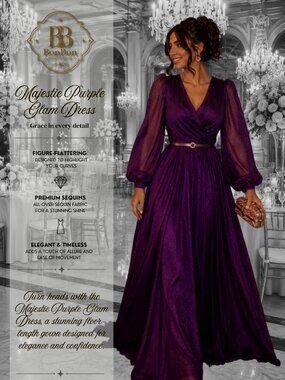 Purple Glitter Evening Gown | Long Sleeve Formal Maxi Dress | Wedding Guest